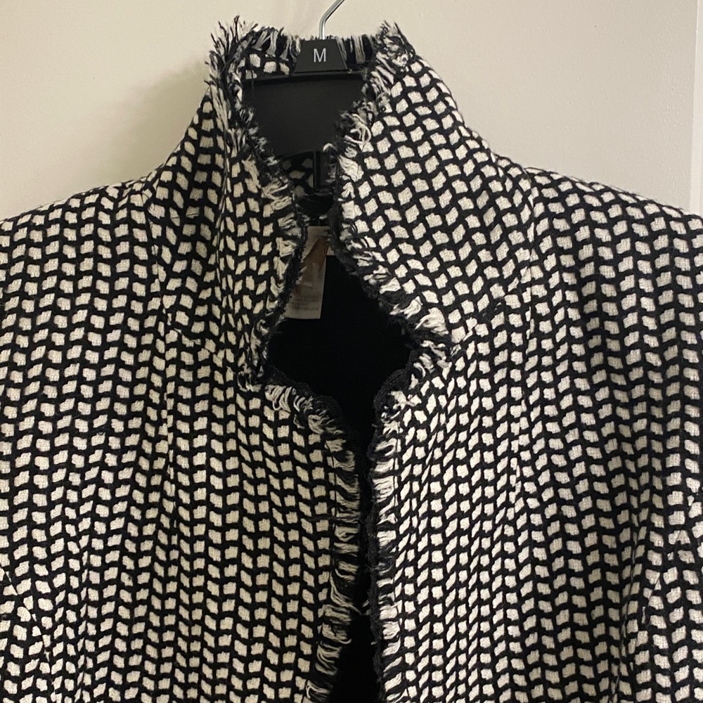 White House Black Market tweed black and white fringed jacket. - Picture 3 of 11